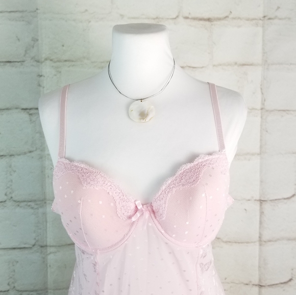 Sexy Pastel Pink L Stretchy Lace Sheer Short Chemise Nightie Foam Bra Underwire - Picture 2 of 8
